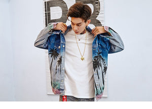 Vintage Denim beach Palm Trees Distressed Jacket