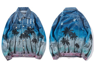Vintage Denim beach Palm Trees Distressed Jacket