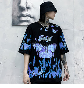 Oversized style Blue Flame Butterfly Boom Time T-shirt