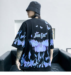 Oversized style Blue Flame Butterfly Boom Time T-shirt