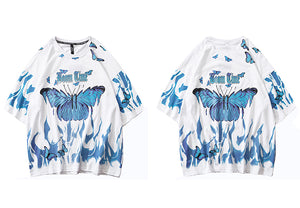 Oversized style Blue Flame Butterfly Boom Time T-shirt