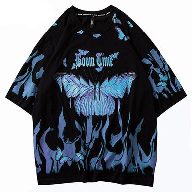 Oversized style Blue Flame Butterfly Boom Time T-shirt