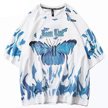 Load image into Gallery viewer, Oversized style Blue Flame Butterfly Boom Time T-shirt