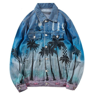 Vintage Denim beach Palm Trees Distressed Jacket