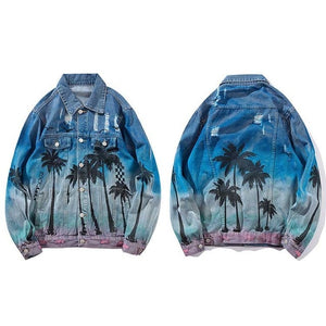 Vintage Denim beach Palm Trees Distressed Jacket